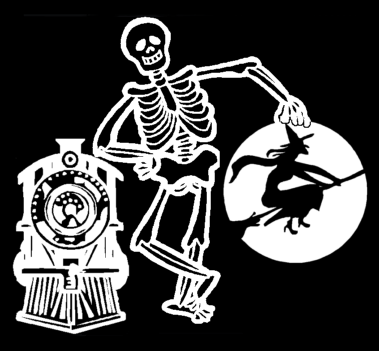 Skeleton, train & witch graphic